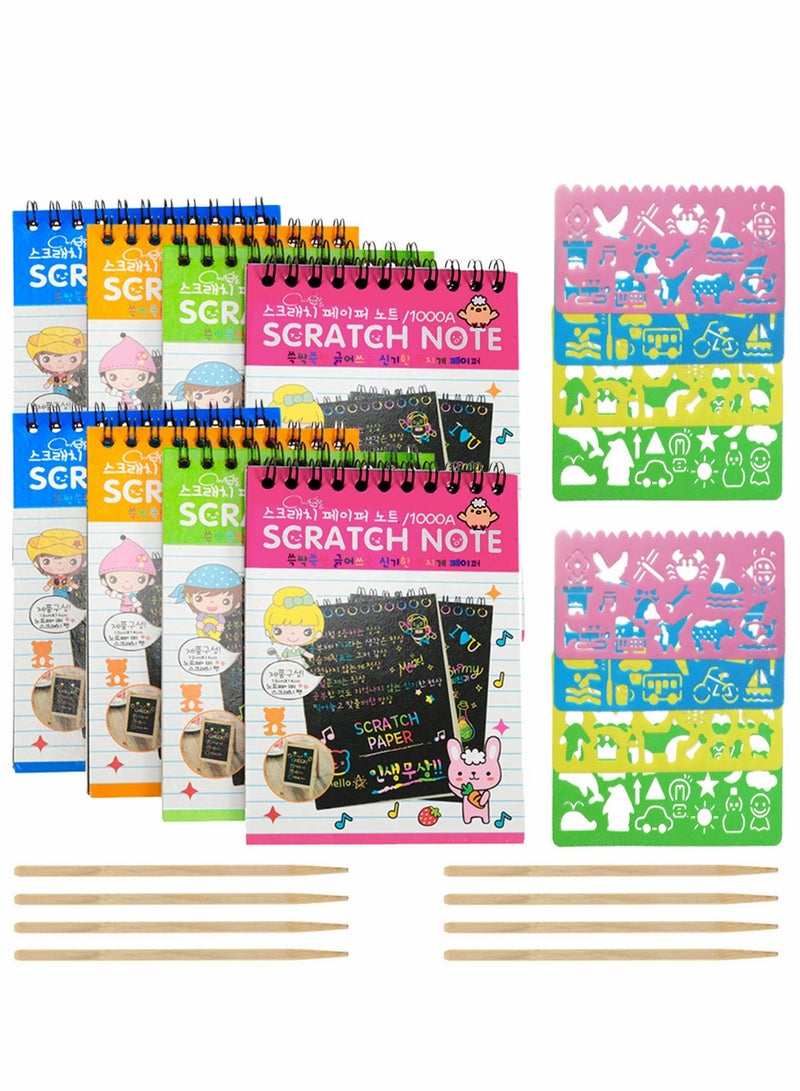 8 Pack Scratch Notebooks, Rainbow Scratch Note Combo Art Set, Magic Scratch Painting  Sketch Art Notes Drawing Notepads for Kids - Includes Drawing Stencil and Wooden Stylu with Each Note - Image 1